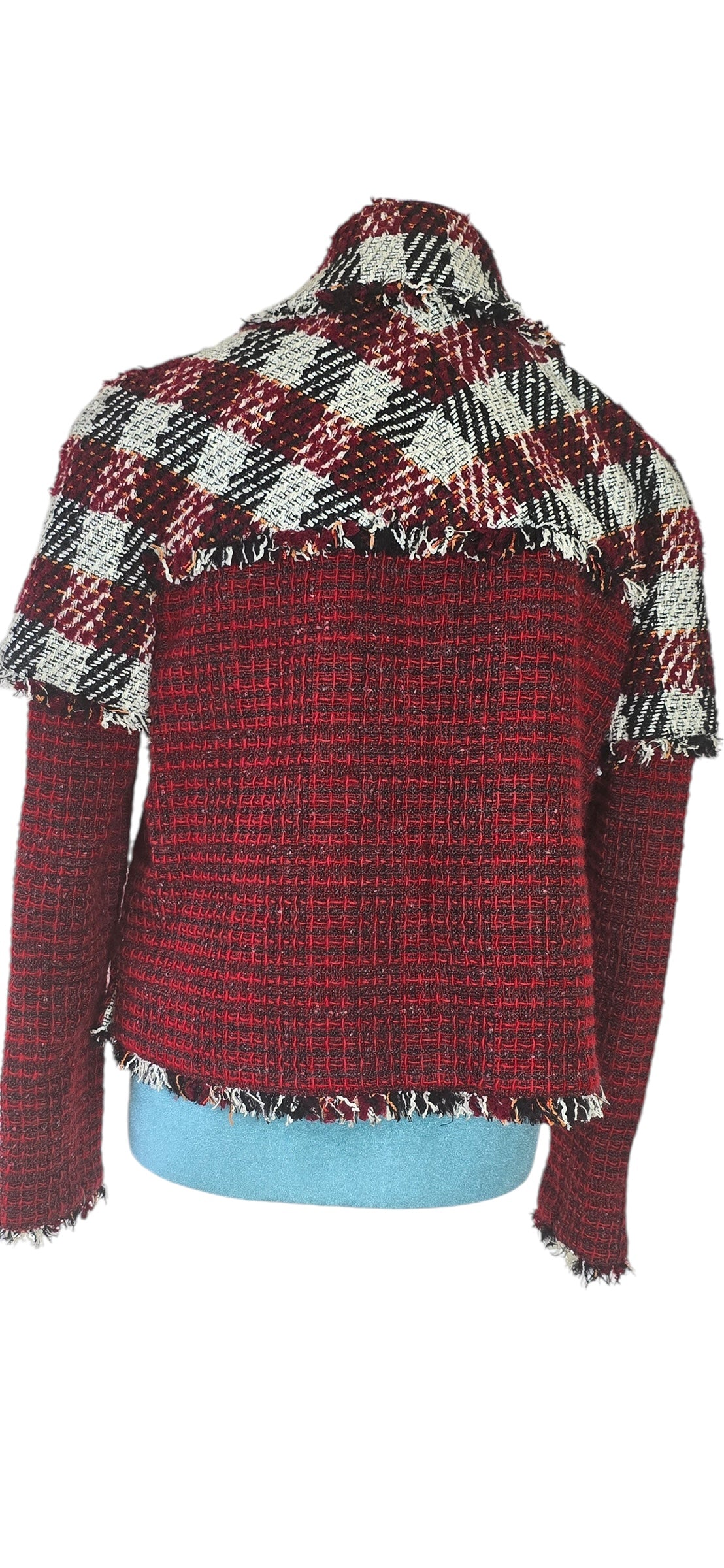 Chanel 16A Runway Burgundy Plaid Tweed Fringe Jacket FR 40