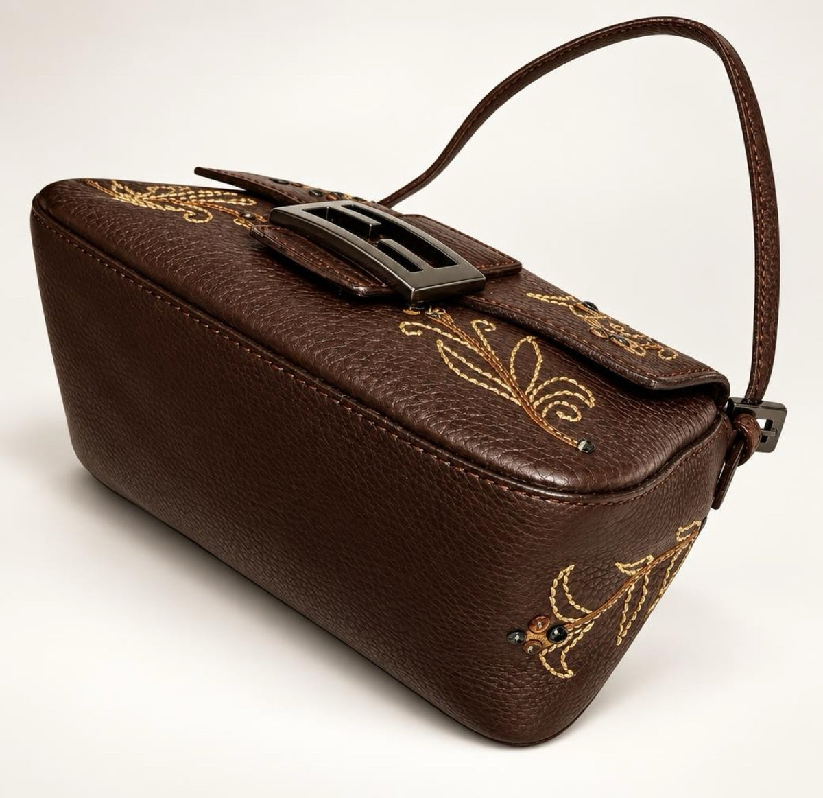Fendi Limited Edition Dark Brown Leather Lizard Embroidered Mini Mamma Baguette Bag