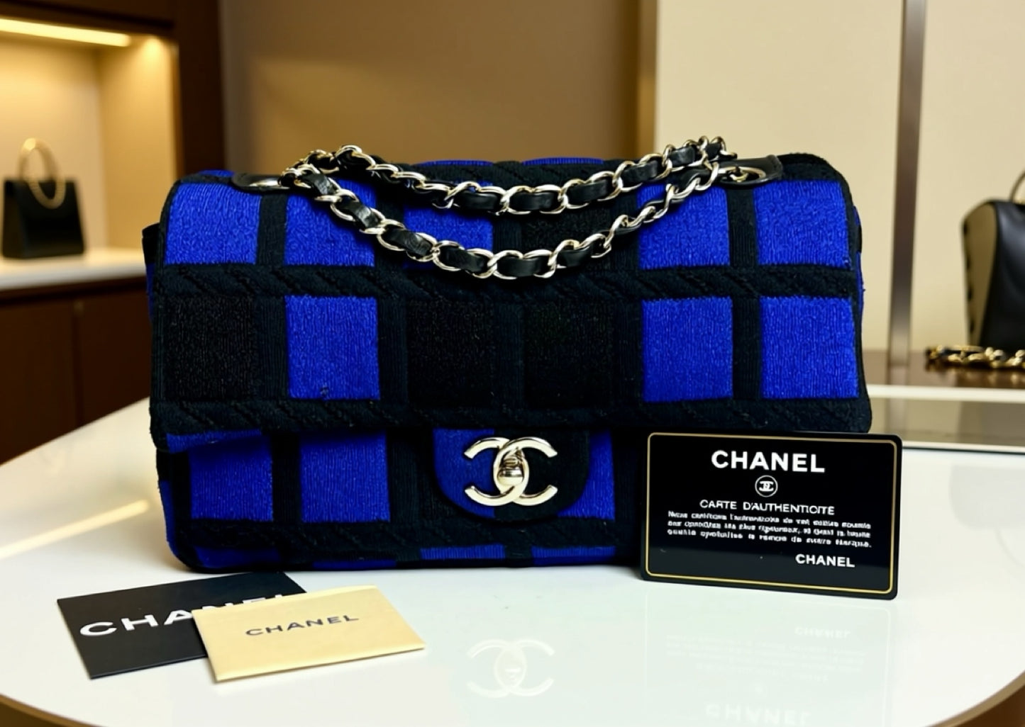 Chanel 13P Runway Blue Black Jersey Classic Medium Single Flap Bag SHW