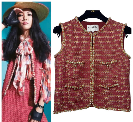 Chanel 17S Red Multicolor Pearl Trim Tweed Waistcoat Vest FR 40