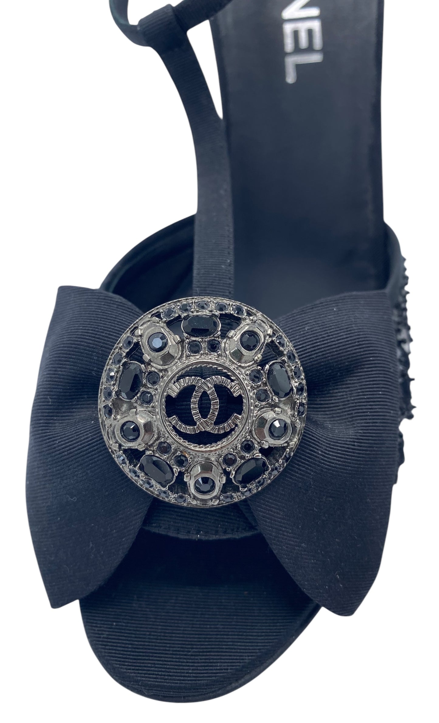 Chanel 09P Runway Black Sequin Bow CC Brooch Strap Heels Sandals EU 40