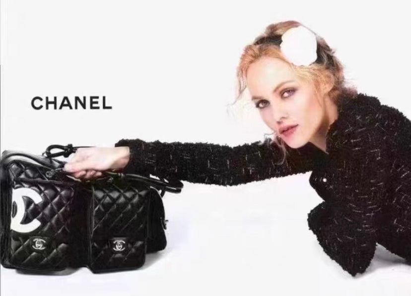 Chanel 2005 Small Cambon Reporter Black White Lambskin Handbag SHW