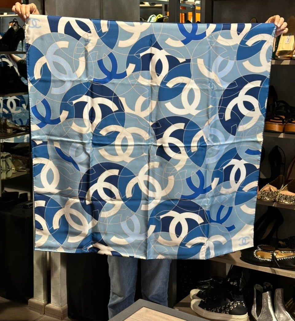 Chanel 2024 Large Blue CC Logo Silk Scarf