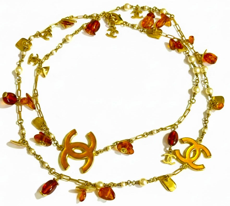 Chanel 11C St Tropez Amber Gold Long Strand Statement Necklace