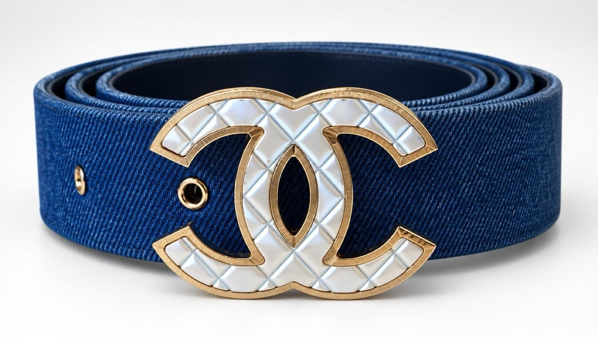Chanel Airlines 16P Blue Denim CC Matte Silver & Gold Buckle Belt 90/36