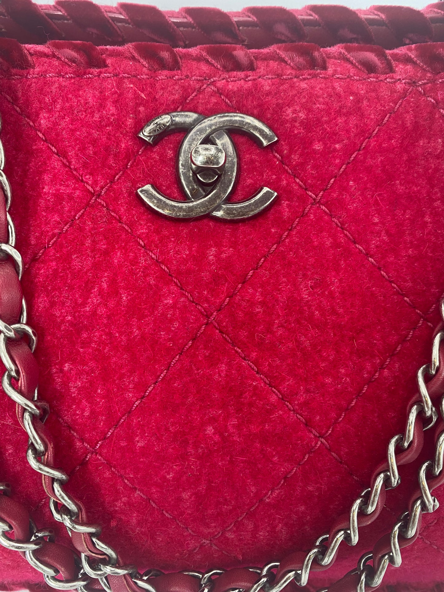 Chanel Medium Fancy Felt Raspberry Red Wool Shopping Tote Bag