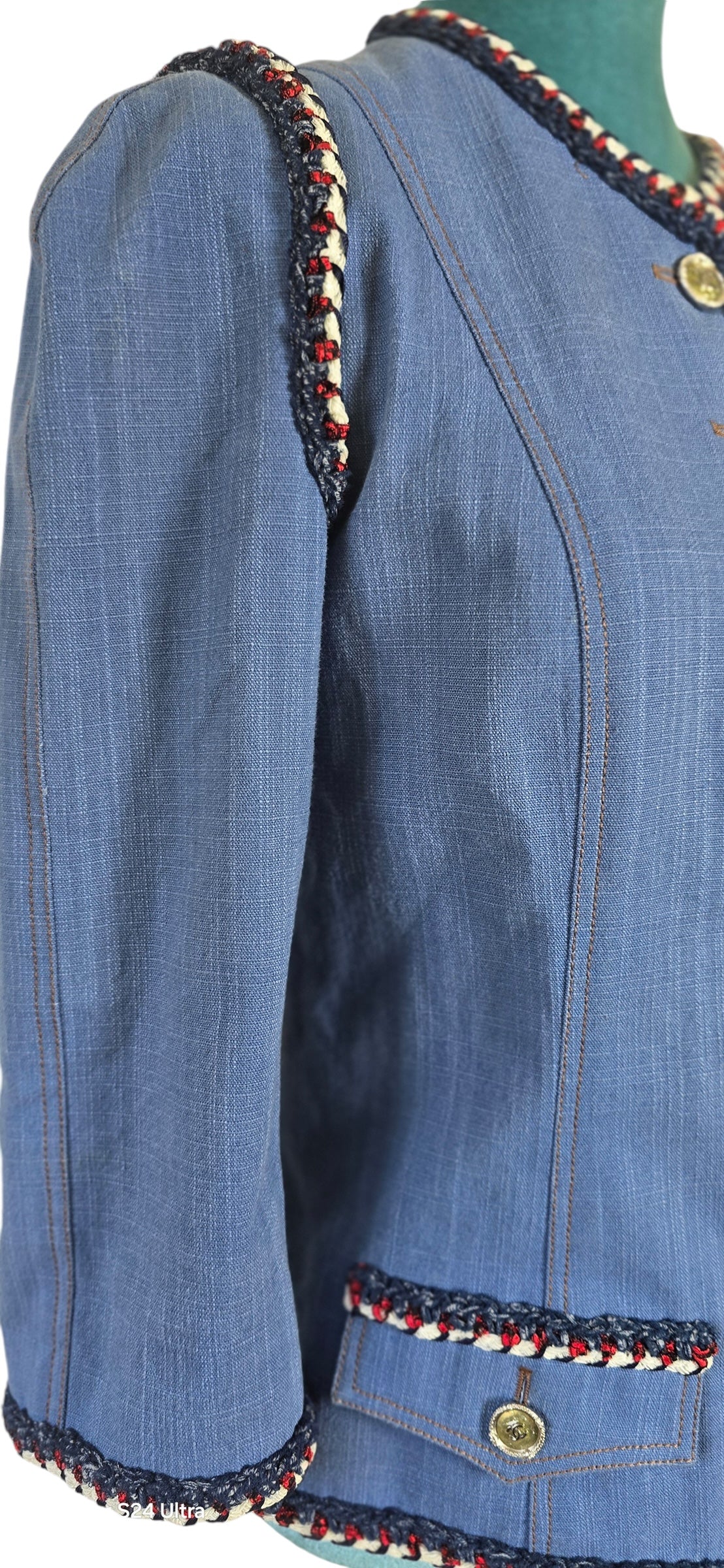Chanel 13C Paris-Versailles Runway Denim Cotton Blue Braided Trim Jacket FR 38
