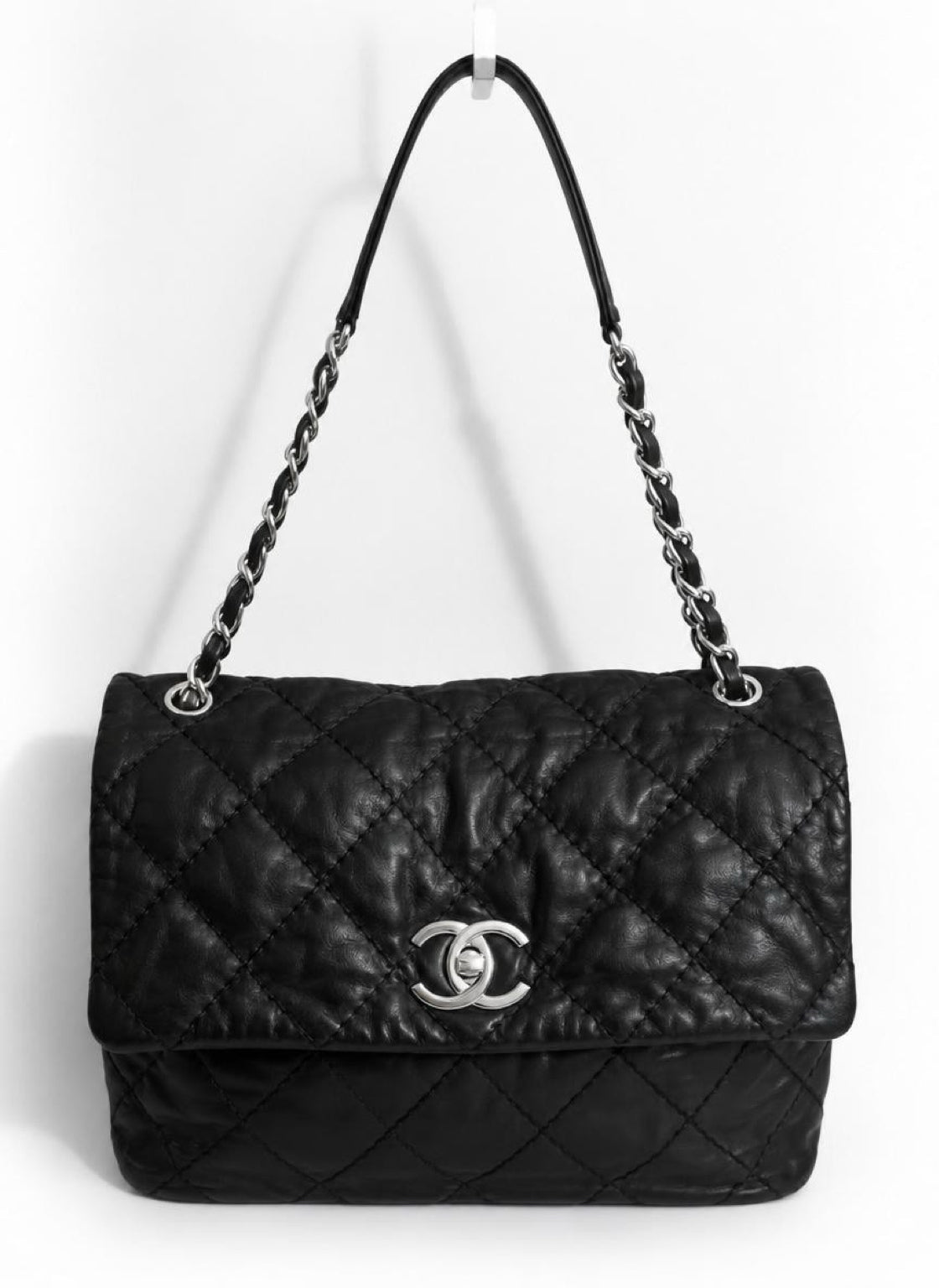 Chanel 13P Black Quilted Leather Large Love Me Tender Whipstitch Classic Flap Bag SHW