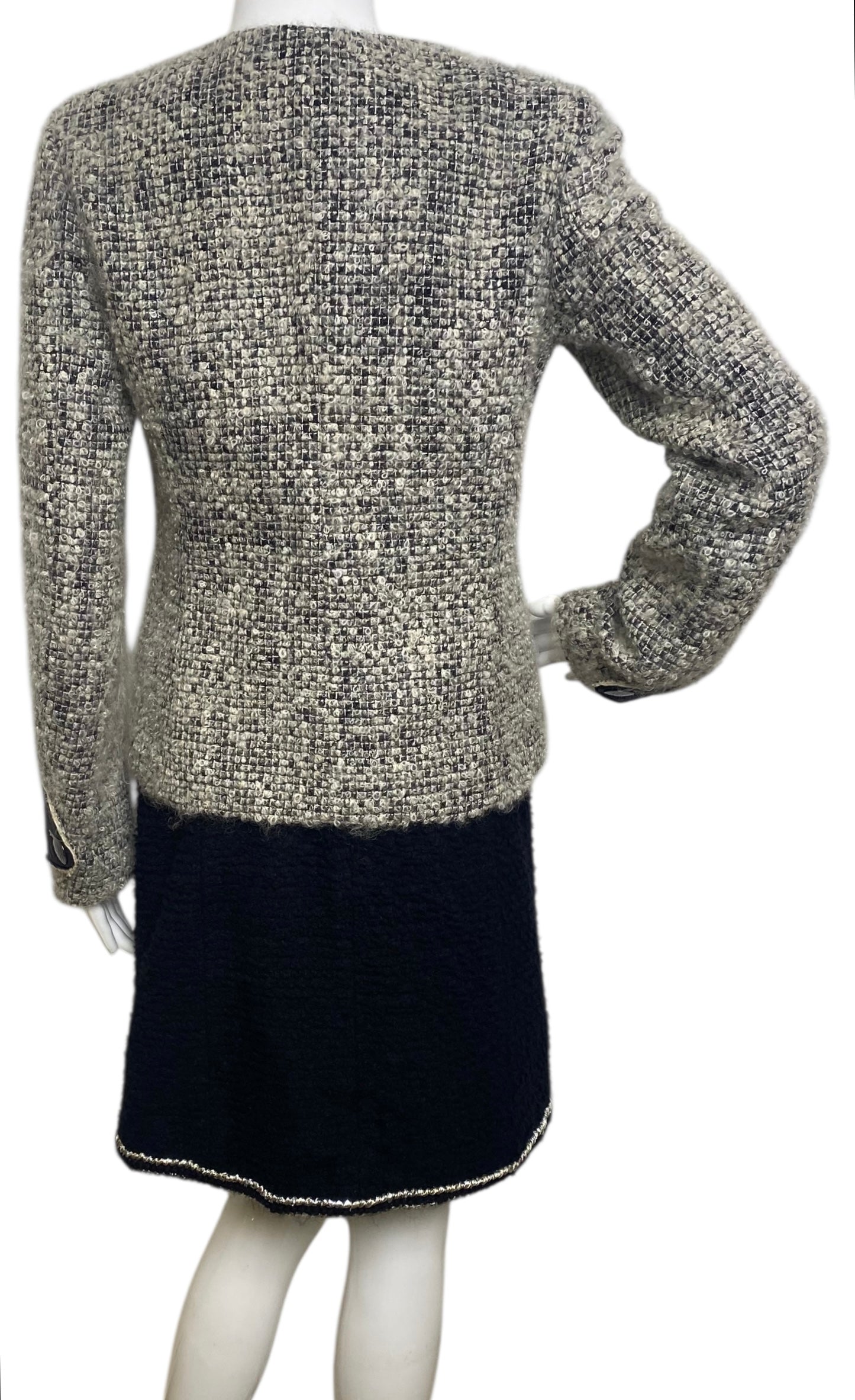 Chanel 10A Shanghai Shearling Tweed CC Grey Black Leather Trim Jacket Coat FR 36