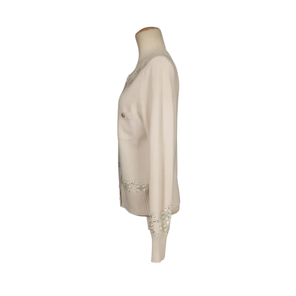 CHANEL 12C IVORY CASHMERE JEWELED JACKET CARDIGAN CC FR 42