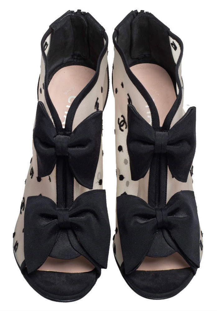 Chanel 09P CC Mesh Open Toe Bowtie Ankle Bootie Heels Size EU 37.5C