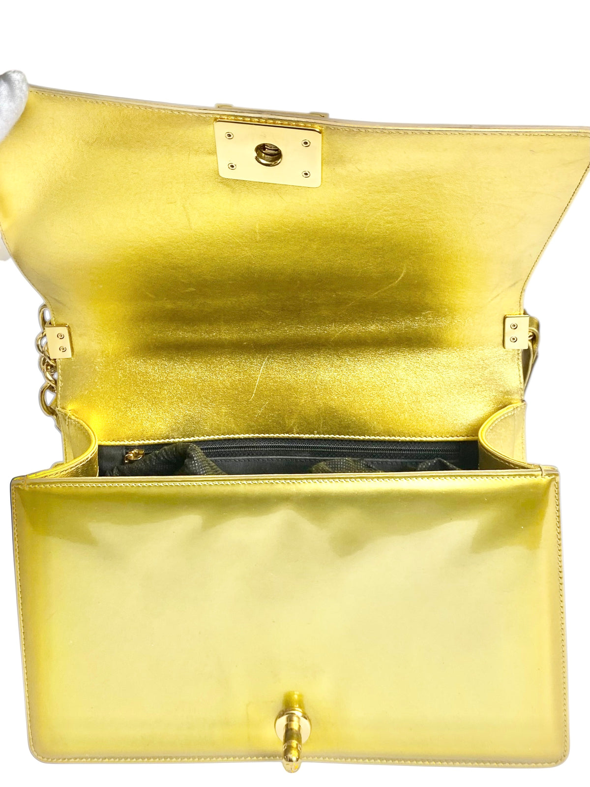 Chanel New Medium Boy Metallic Gold Patent Calfskin Leather GHW