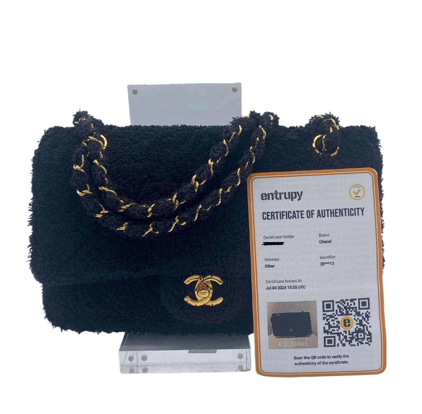 Rare Chanel 1994 Medium Black Terry Cloth Flap Bag
