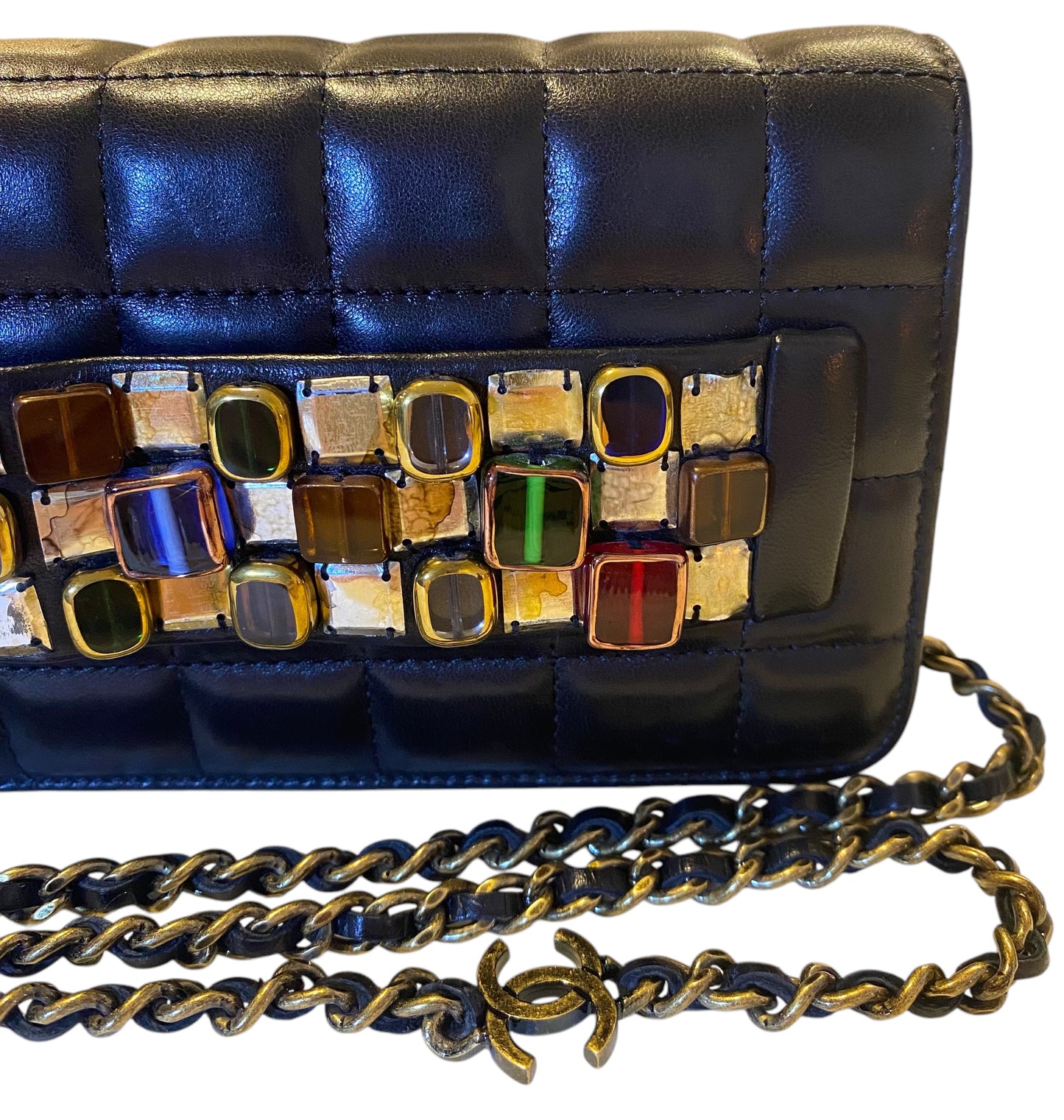 Chanel 11A Paris-Byzance Black Chocolate Bar Lambskin Leather Jeweled Clutch Minaudière Bag