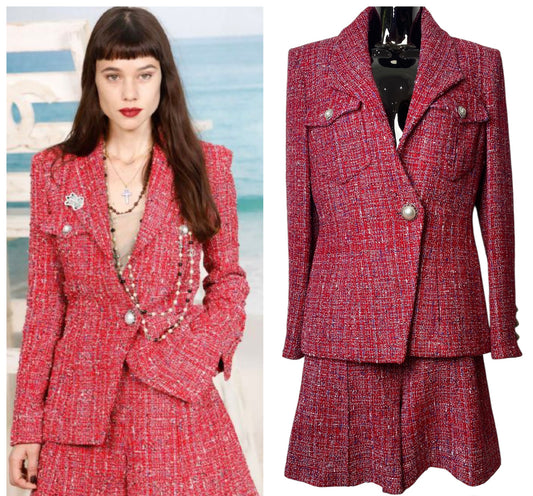 Chanel 19C La Pausa Red Tweed Pearl Jacket and Shorts Suit SET FR 36/38
