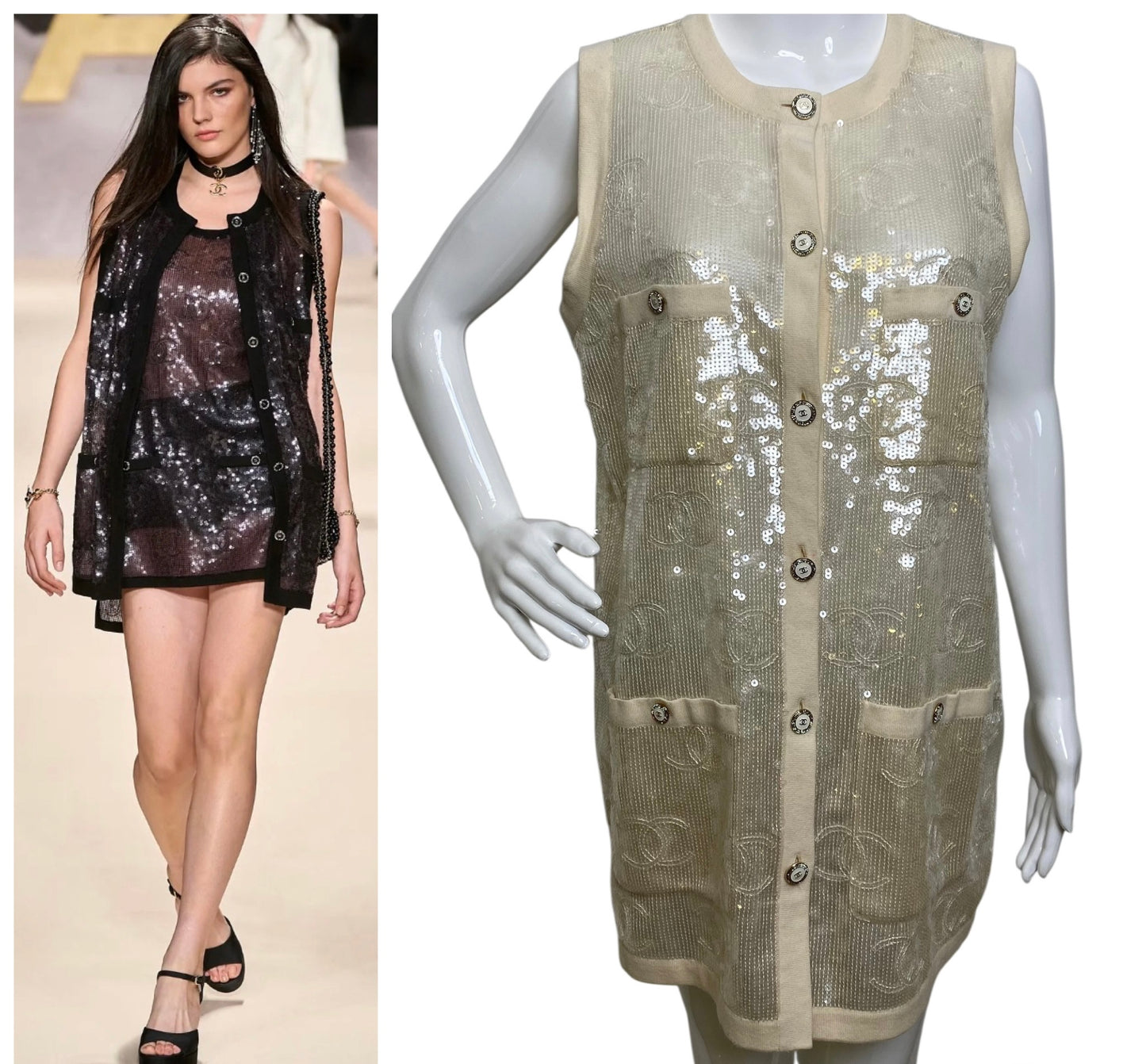 Rare Chanel 22S CC Sequin Cream Iridescent Vest Mini Dress Waistcoat Cardigan FR 40
