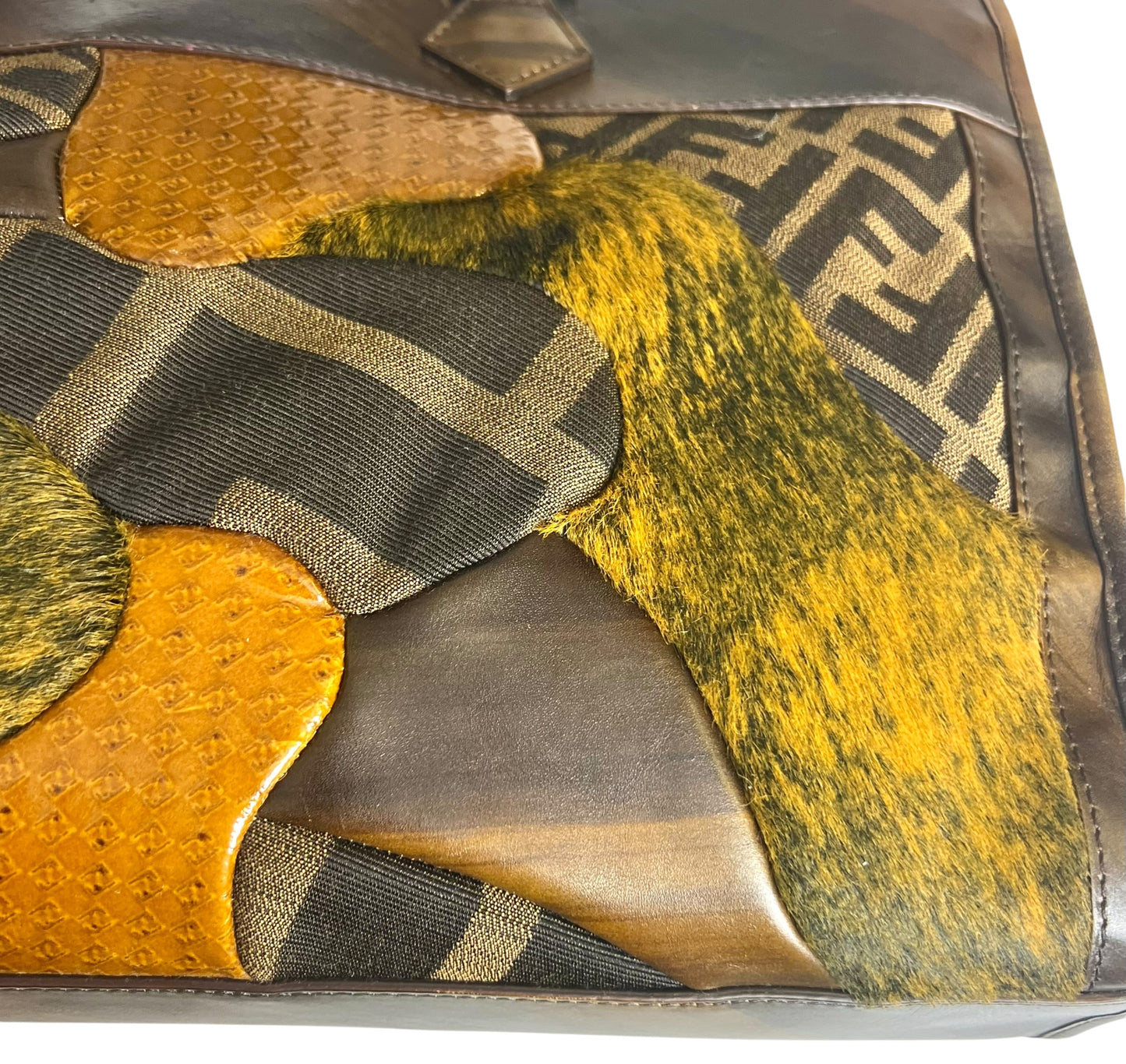 Rare Vintage Fendi Brown Zucca Leather Pony hair Canvas Patchwork Tote Bag