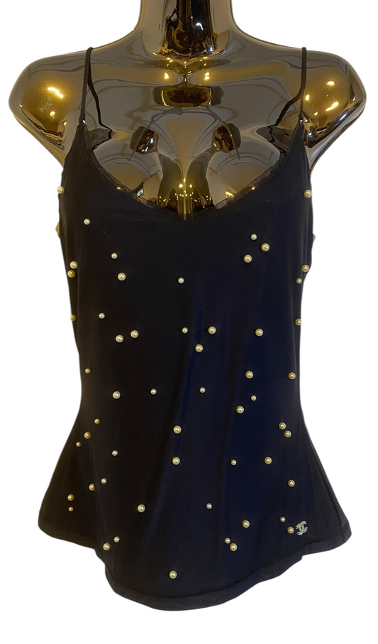 Chanel Black Pearl Embellished Camisole Tank Top Blouse FR 40