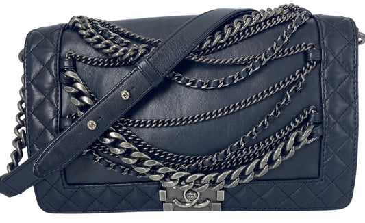 Chanel 2013 Enchained Boy Bag Black Leather Medium Flap Bag