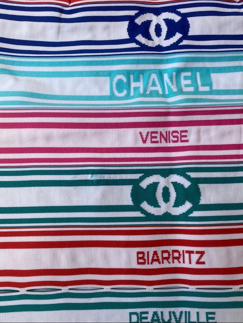 Chanel 19P Sand by the Sea Multicolor Stripe Crop Top Skirt Set FR 36