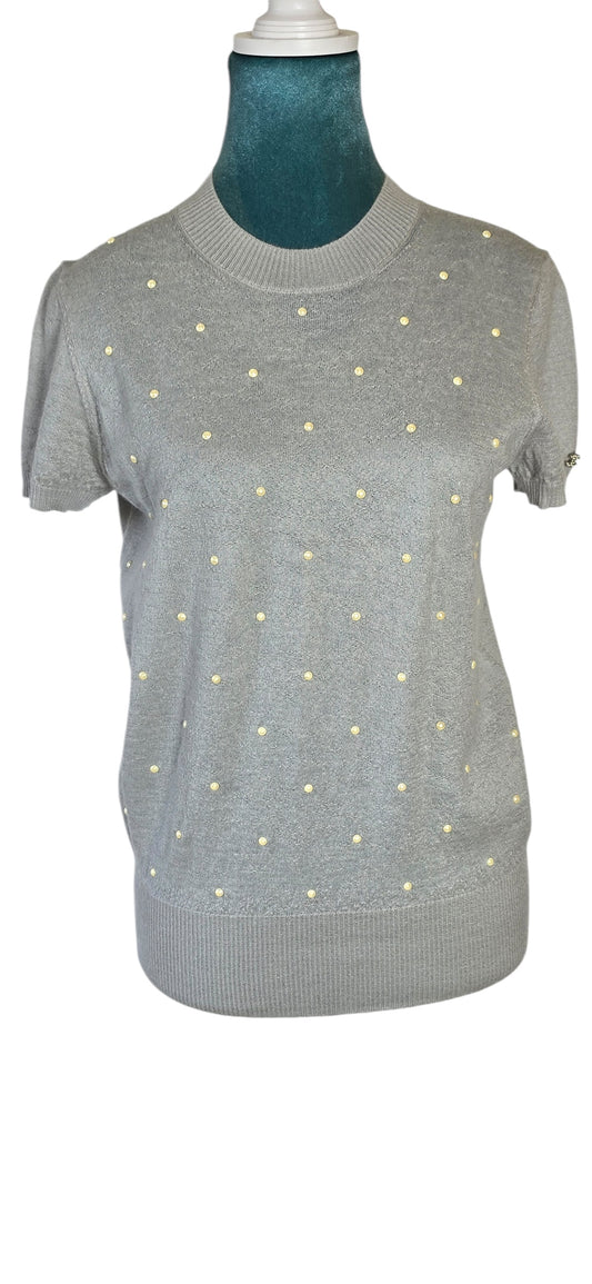 Chanel Cashmere CC Pearl Light Gray Short Sleeve Sweater Blouse FR 38