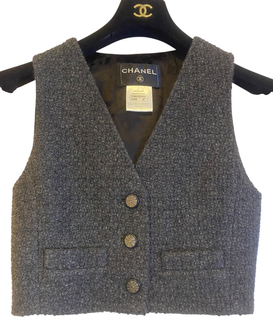 Chanel 14A Paris Dallas Grey Wool & Black Leather Vest Waistcoat FR 38