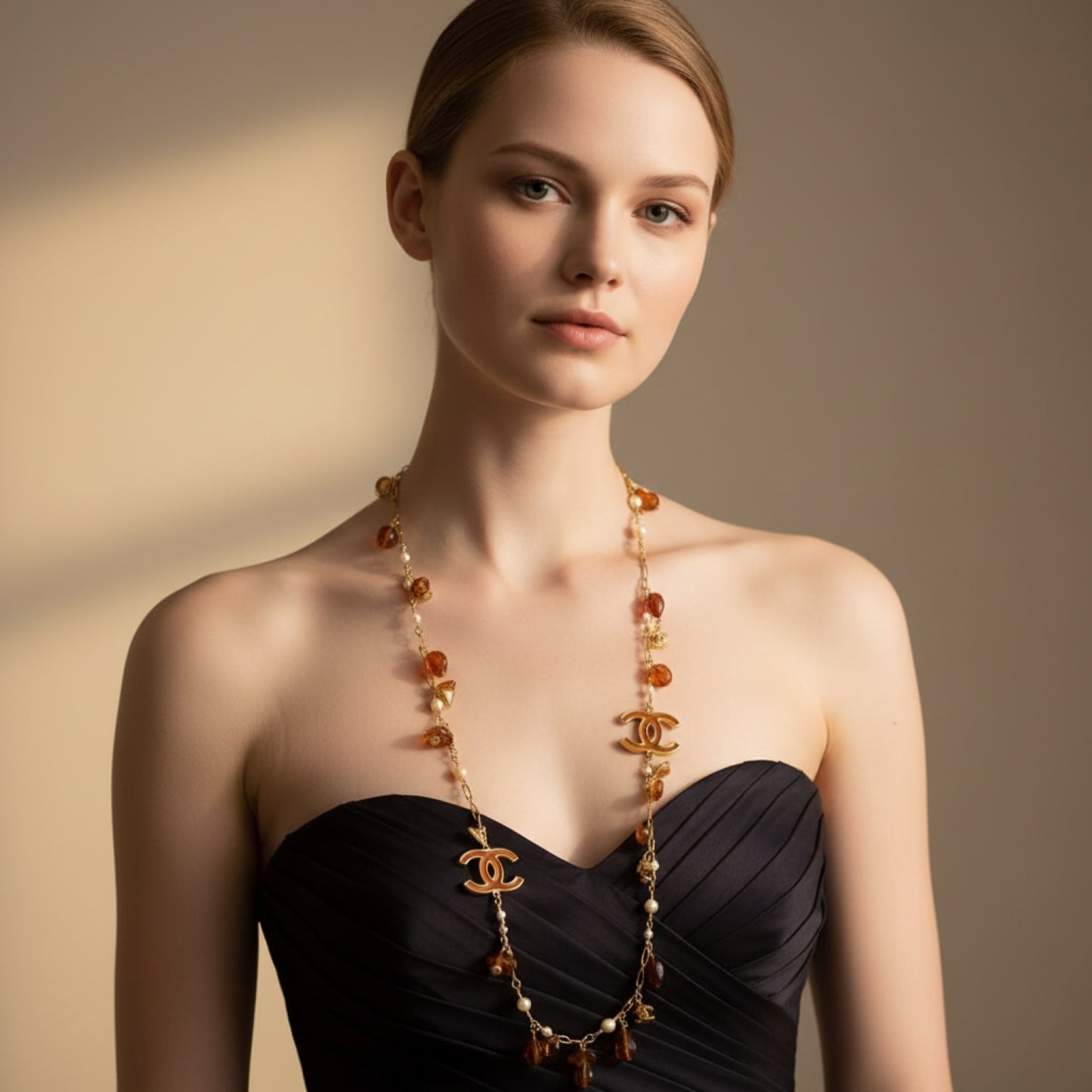 Chanel 11C St Tropez Amber Gold Long Strand Statement Necklace