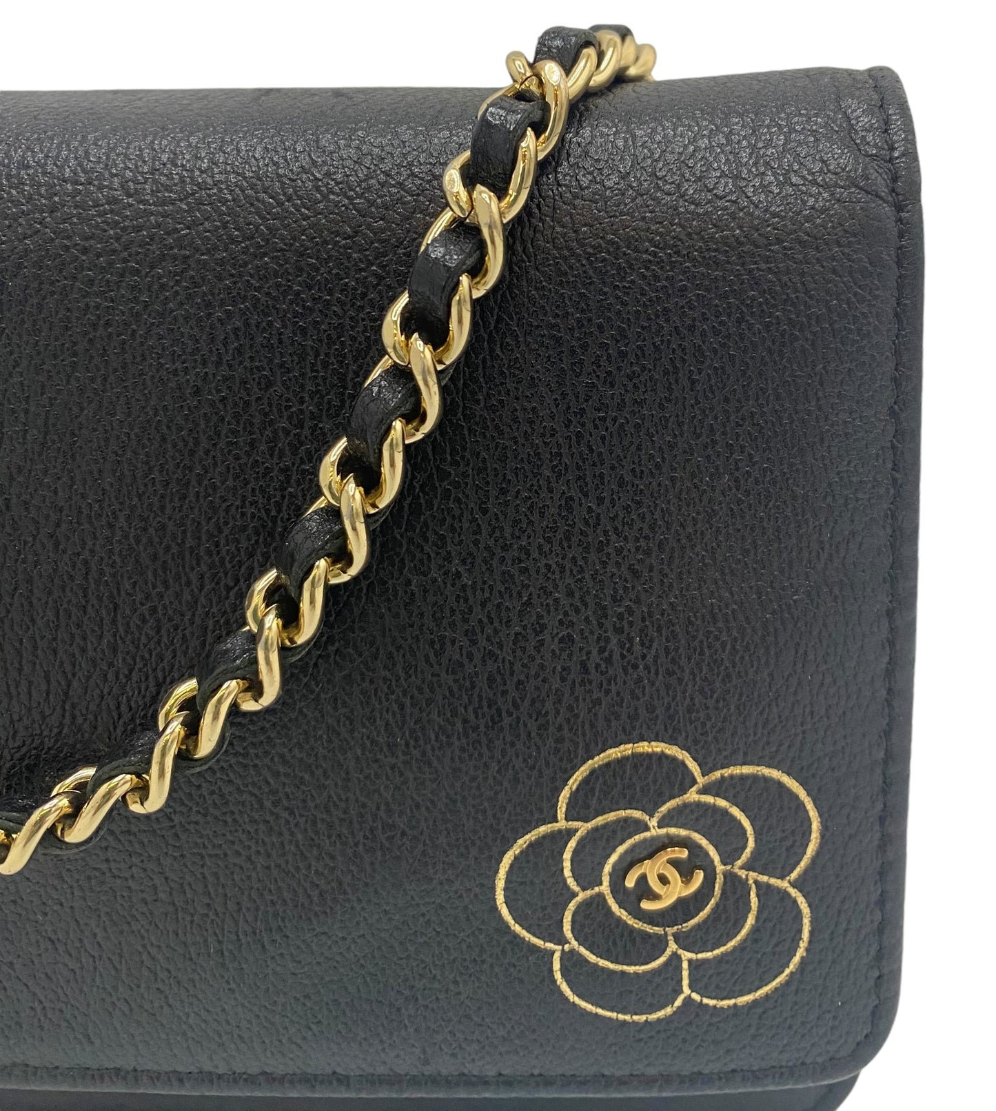 Chanel Grained Black Leather Camellia Wallet On Chain WOC Shoulder Bag GHW