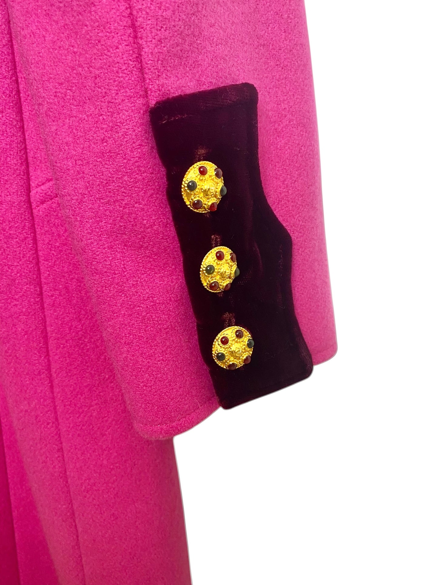 Rare Chanel 96A Vintage Pink & Burgundy Velvet Trim Gripoix Double Breasted Coat FR 38