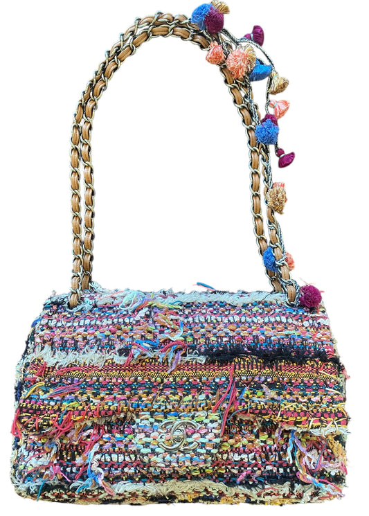 Chanel 15C Paris Dubai Pom Pom Tweed Jumbo Flap Bag