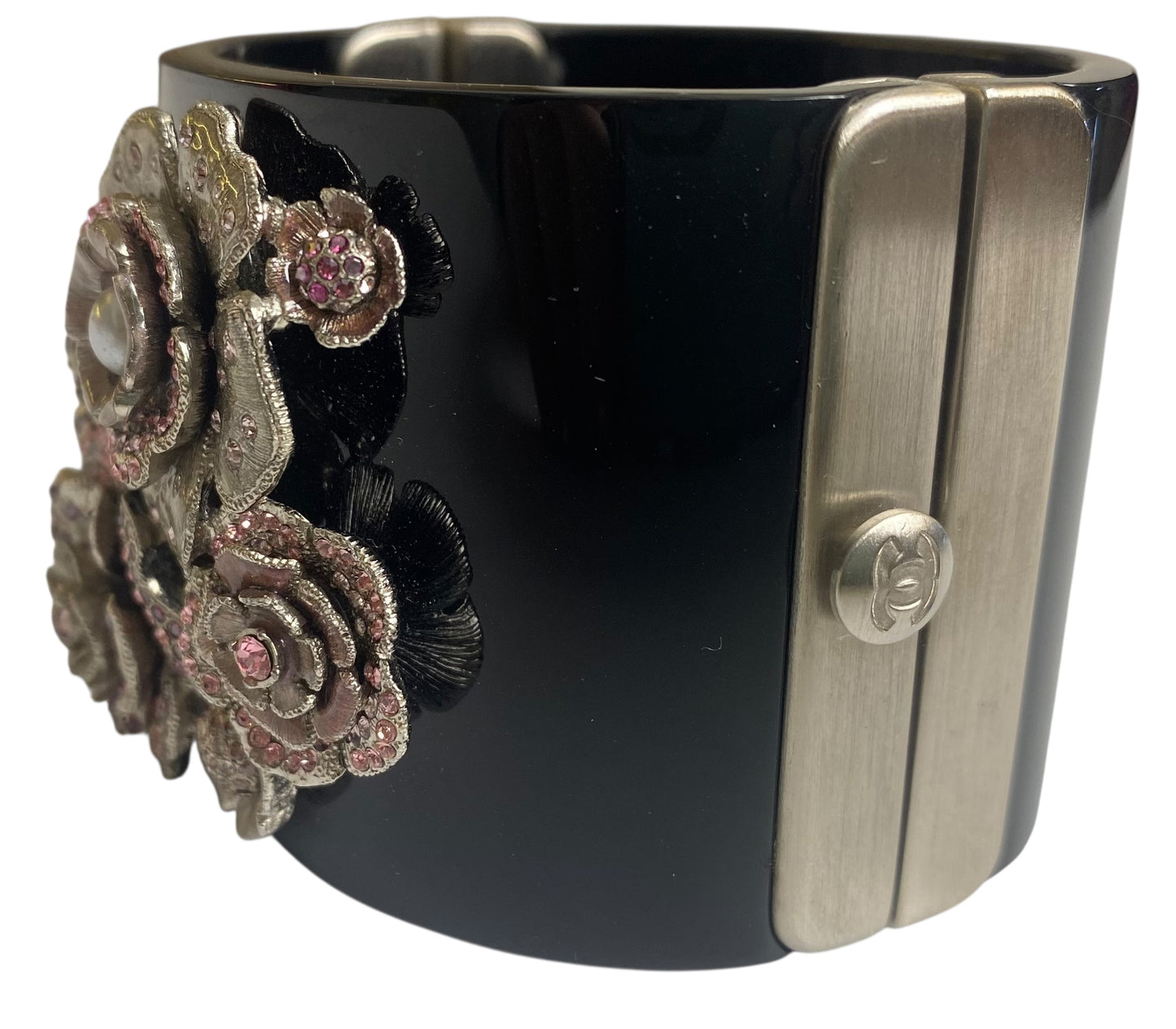 Rare Chanel 12P Black Pink Crystals Camellia Flower Double Sided CC Cuff Bracelet