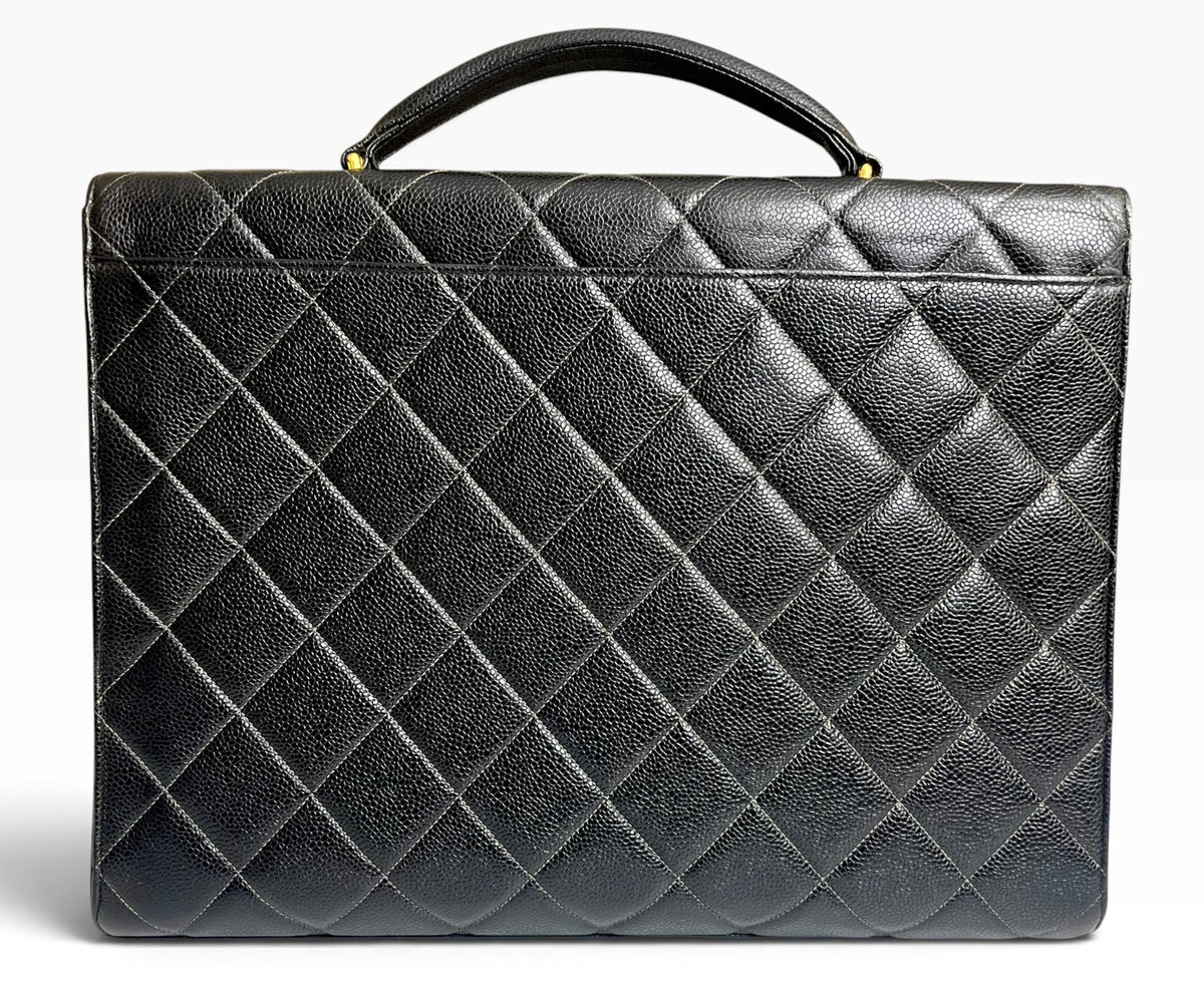 Vintage 90s Chanel XL Jumbo Black Caviar Quilted Classic Briefcase Bag 24K GHW