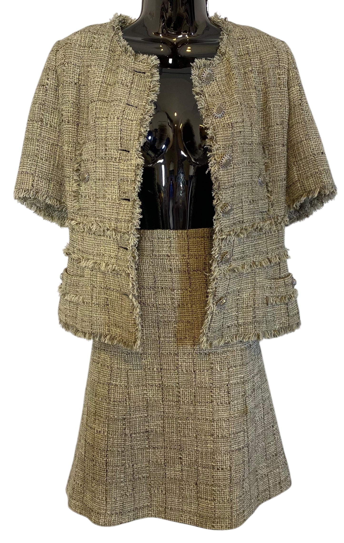 Chanel 10P Fantasy Tweed Skirt Beige Metallic Gold FR 42