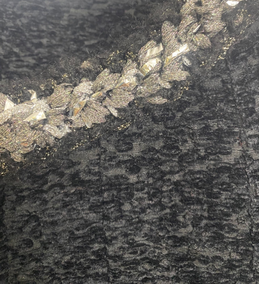 Chanel 14A Runway Supermarket Collection Black Boucle Silver Metallic Braided Trim Jacket 42