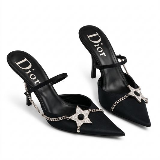 Vintage DIOR 2003 Hardcore Black Satin Crystal Stars & Chain Slingback Heel Pumps EU 39