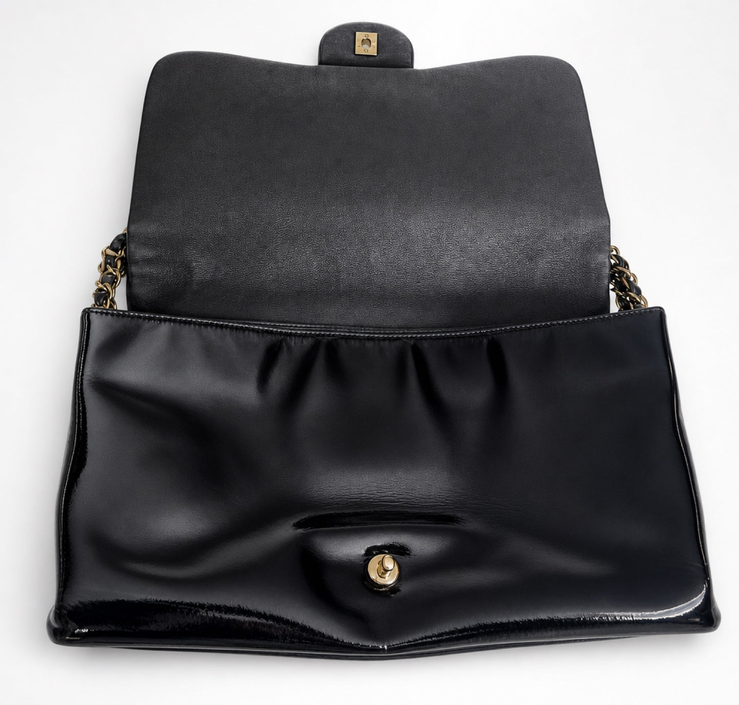 Chanel 10A Paris-Shanghai Jumbo Black Patent Leather Camellia Petals Accordion Flap Bag SHW