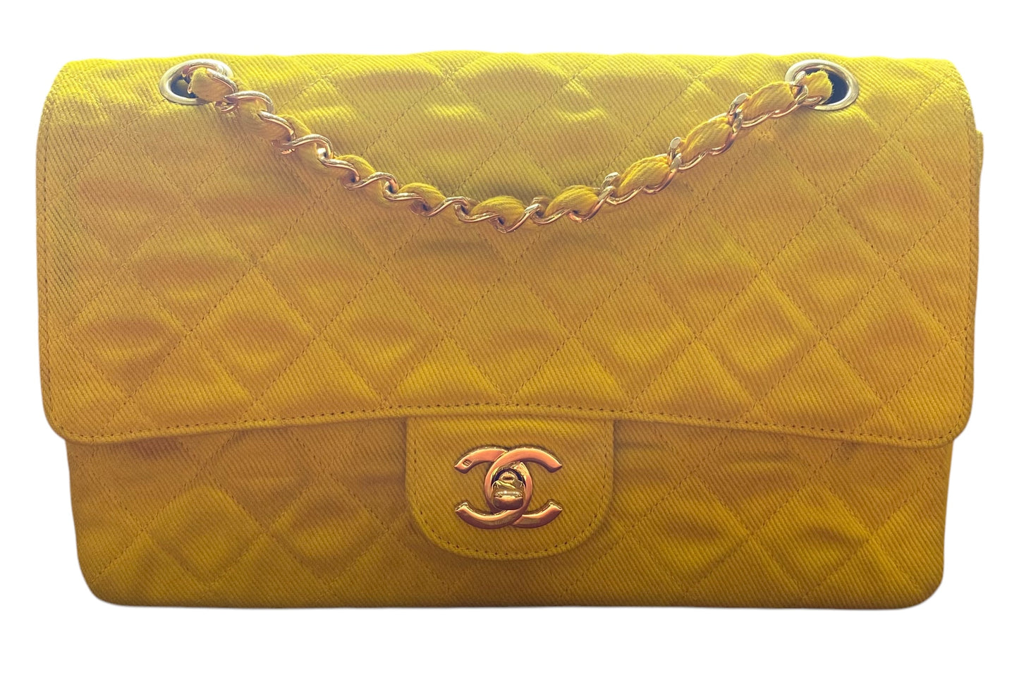 Vintage Chanel 90’s Yellow Denim Medium Classic Flap Bag 24K Gold Hardware