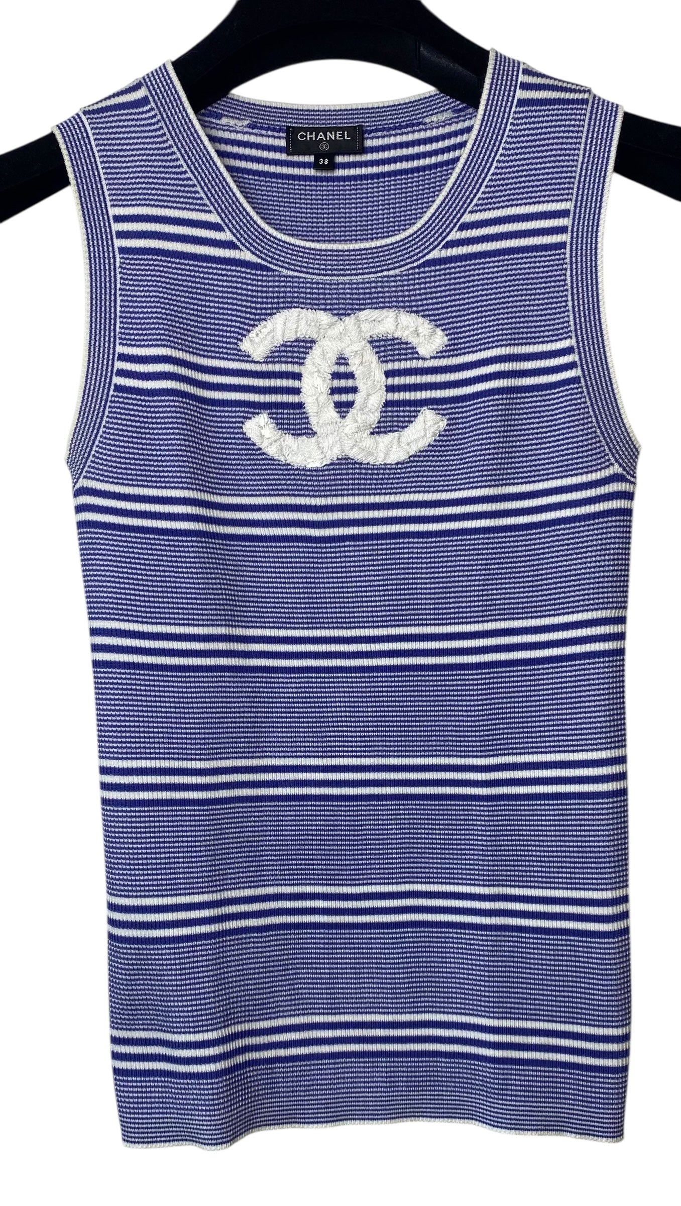 Chanel 19C La Pausa Blue White Striped Cotton Knit CC Logo Tank Top Blouse FR 38