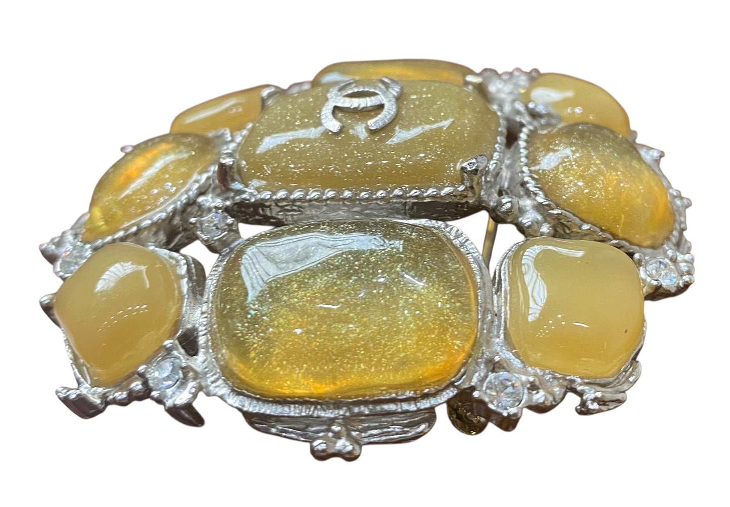 Chanel 10A XL CC Yellow Cabochon Stones Gold Crystals Brooch