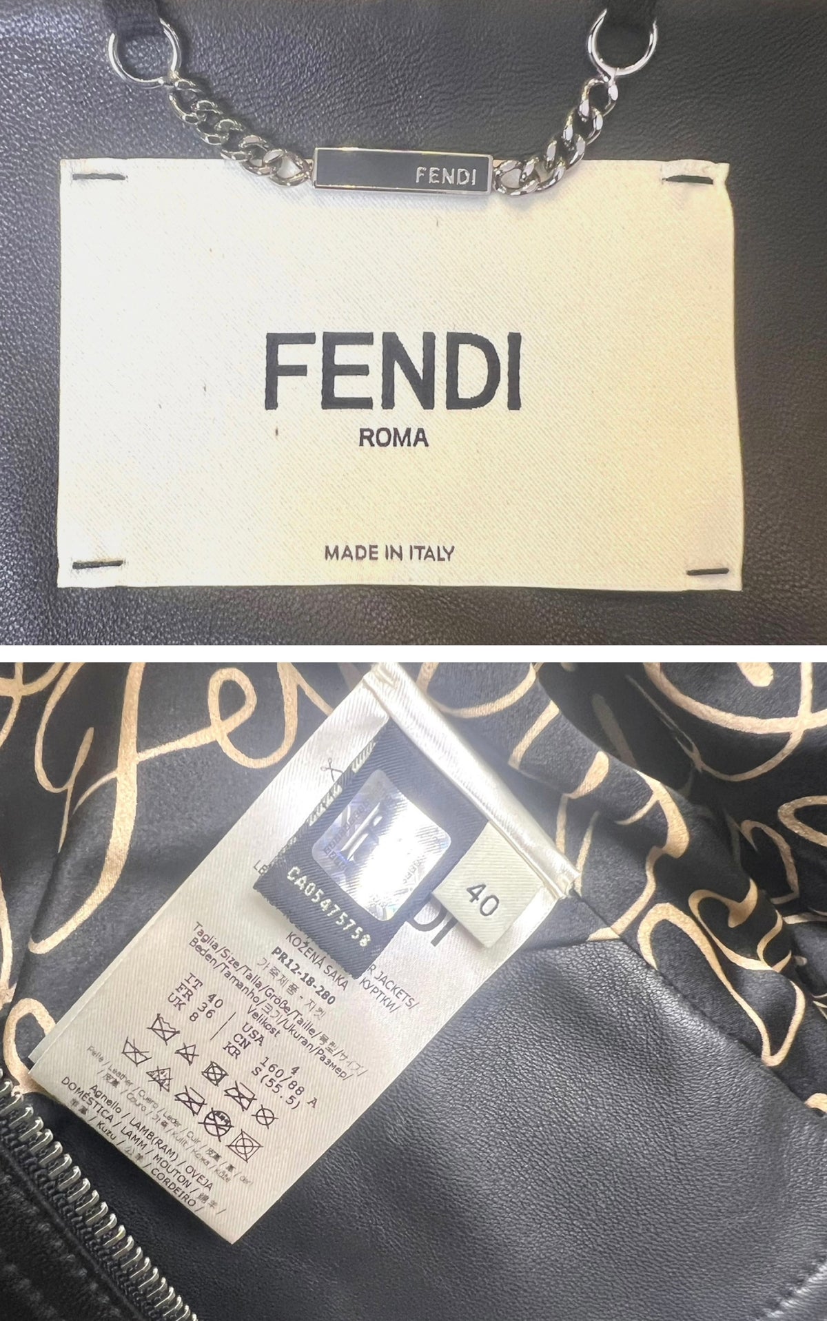Fendi Black Leather Zucca Velvet Trim Biker Jacket IT 40