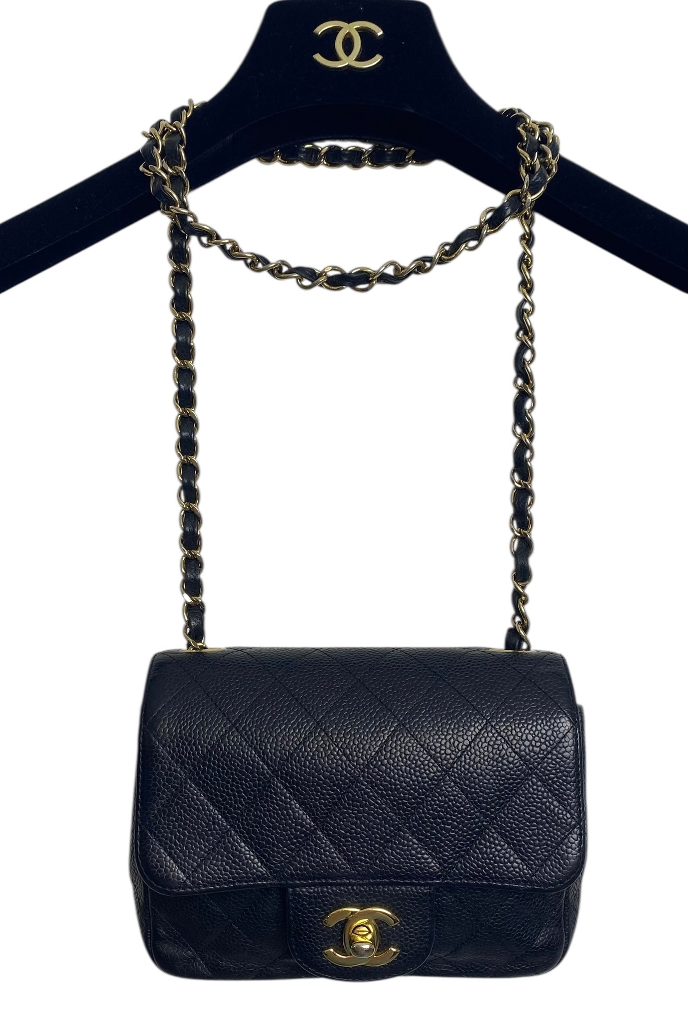 Chanel Black Caviar Mini Square Classic Timeless Flap Bag GHW Gold Hardware