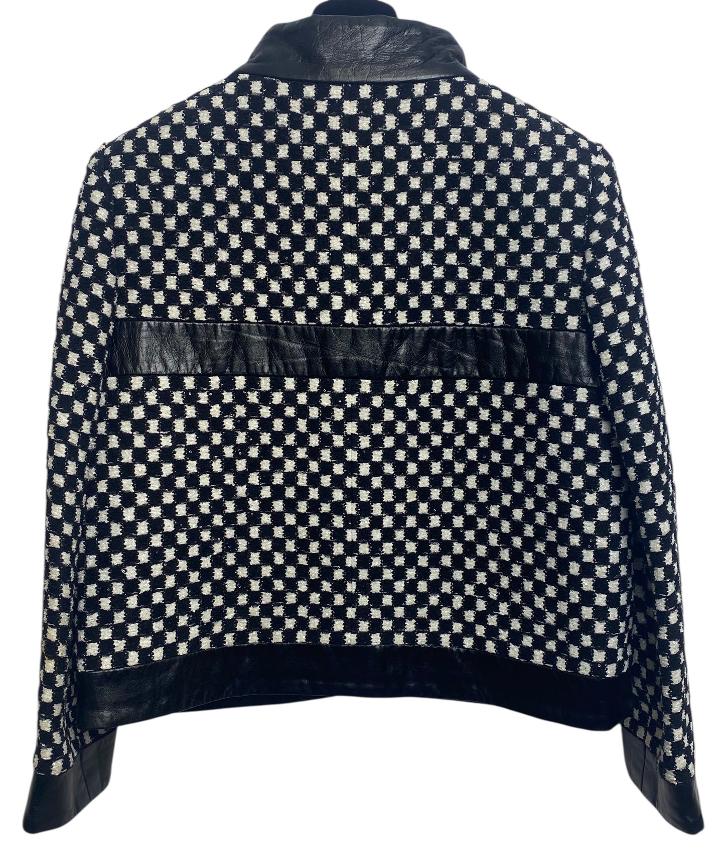 Chanel 17B Metropolitan Checker Sequin Leather Trim Zip Up Jacket FR 42