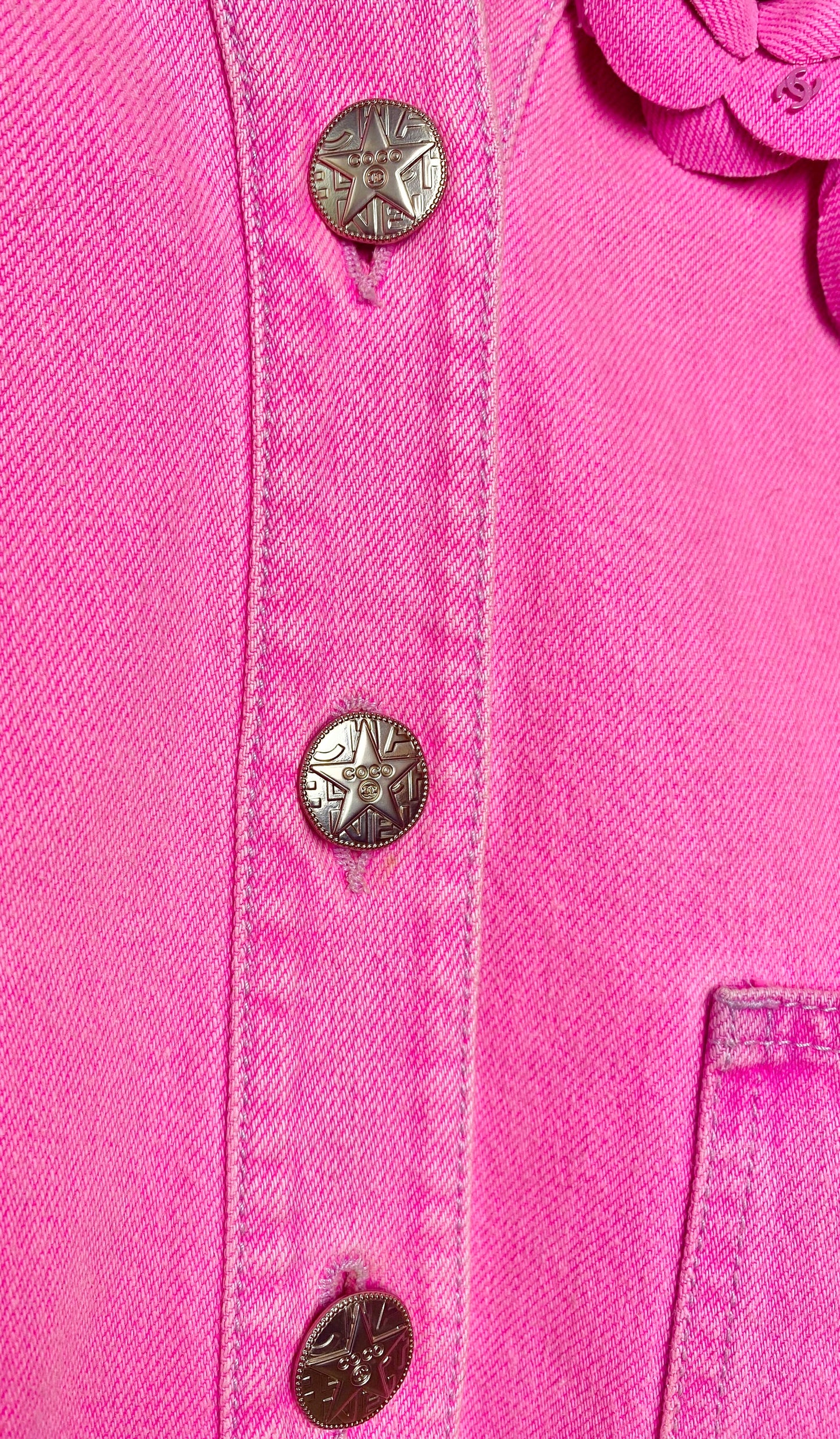 Iconic Chanel 21S Neon Pink Denim Camellia Jacket FR 36