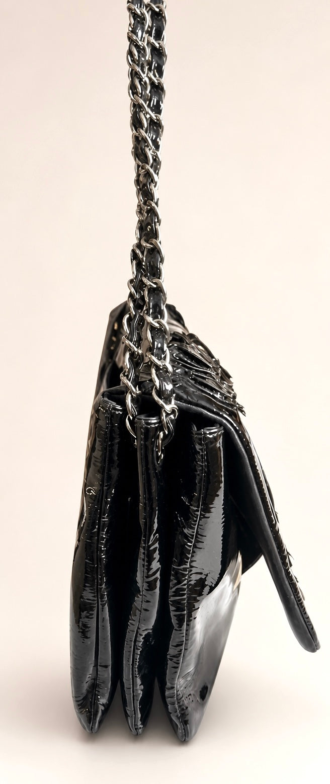 Chanel 10A Paris-Shanghai Jumbo Black Patent Leather Camellia Petals Accordion Flap Bag SHW