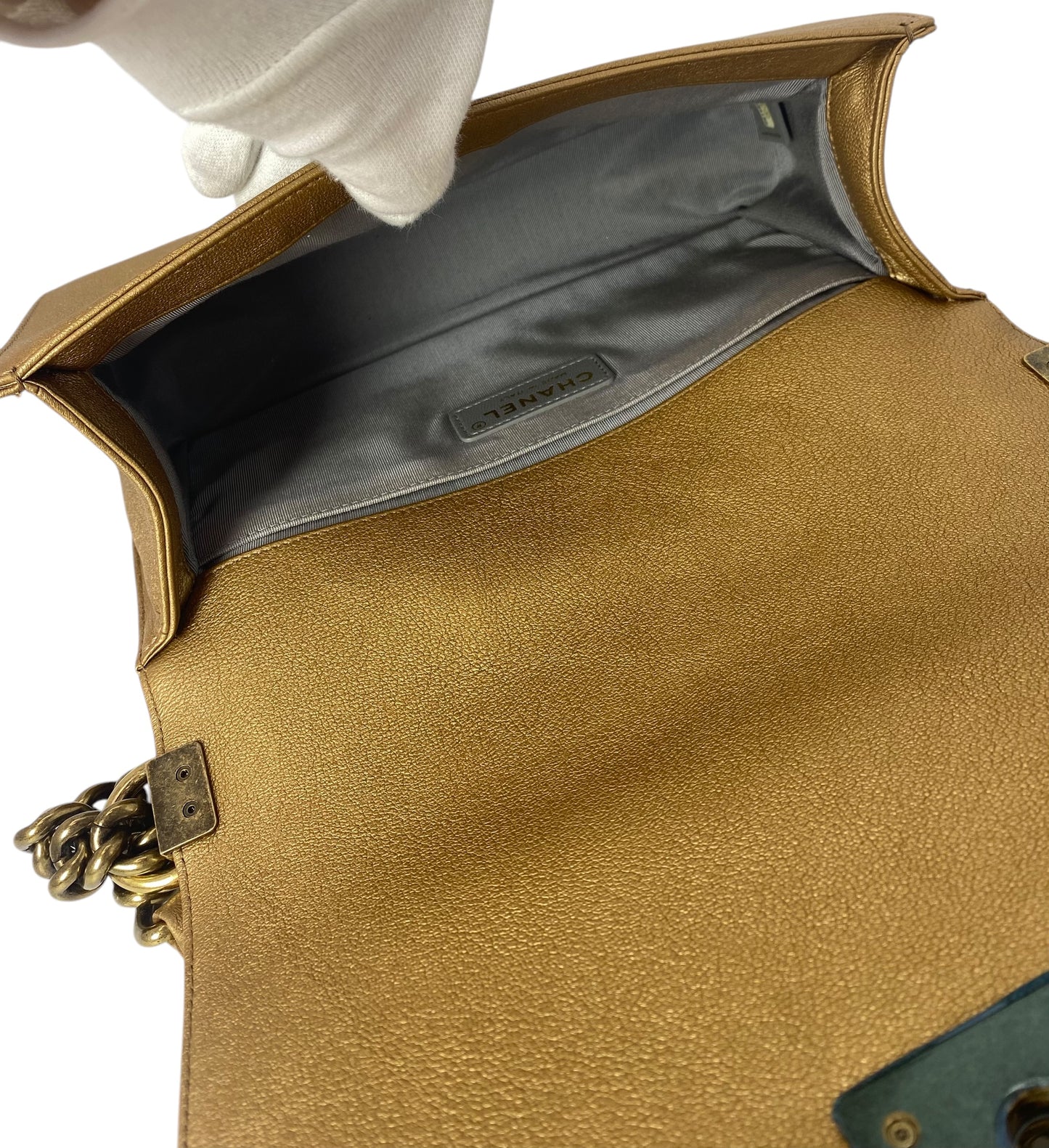 Chanel 15C Metallic Gold CC Cut Out Old Medium Boy Bag