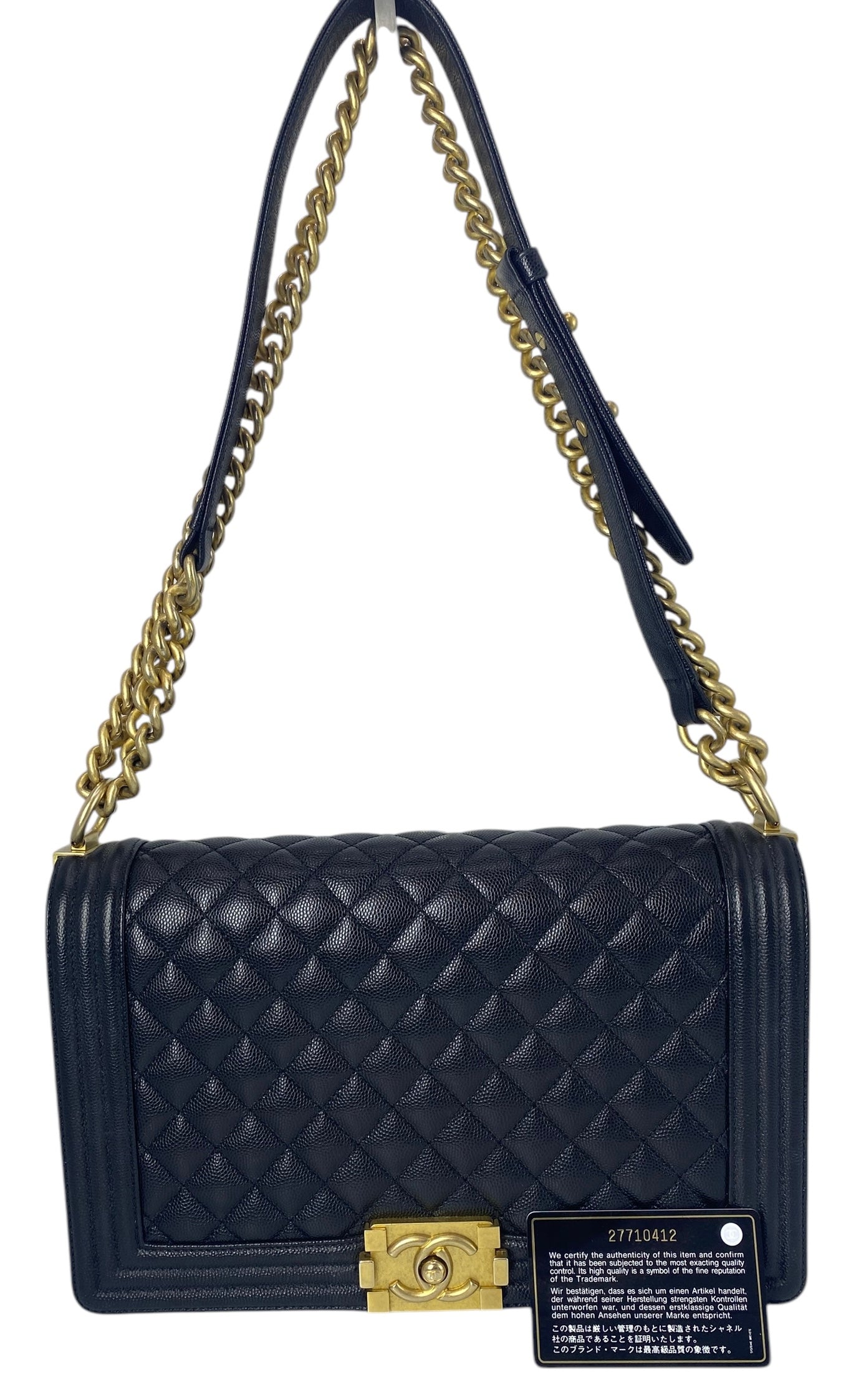 Chanel 2019 Black Caviar New Medium Boy Bag Aged Gold Hardware