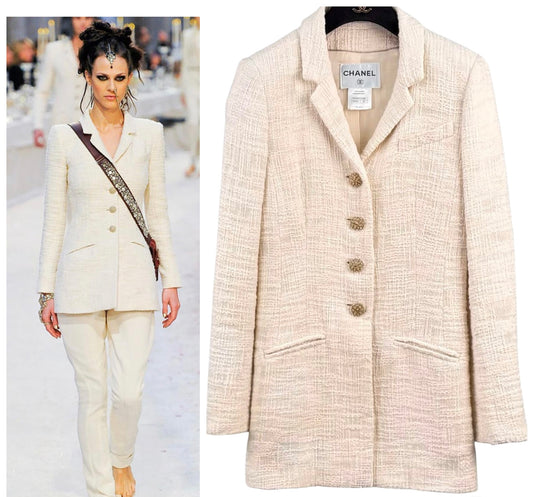 Chanel 12A Paris-Bombay Runway Ivory Ecru Cotton Blazer Long Jacket FR 38