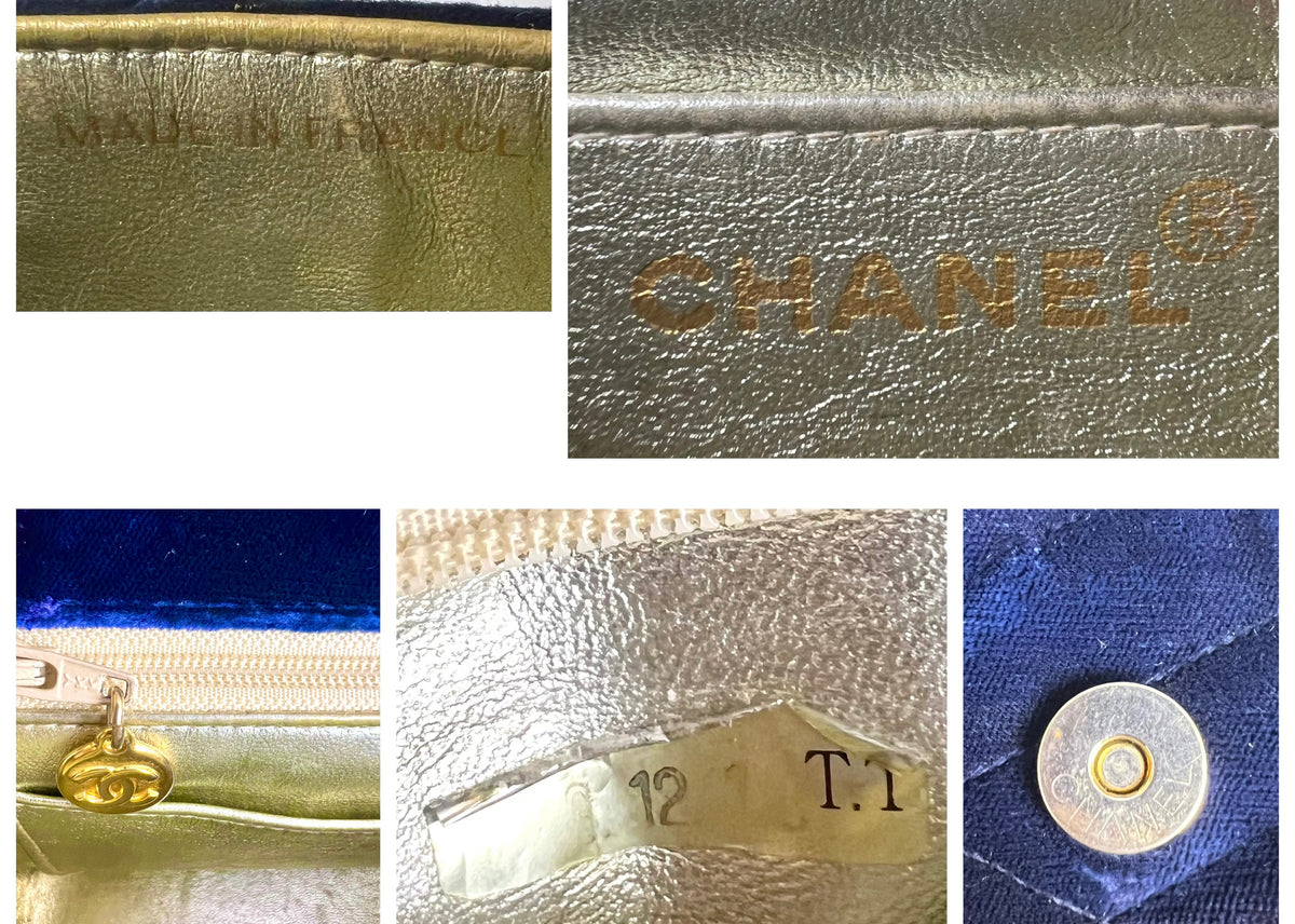Vintage Chanel 1991-1994 Navy Blue Velvet Crystal 24K Bijoux Mini Square Chevron Classic Flap Bag