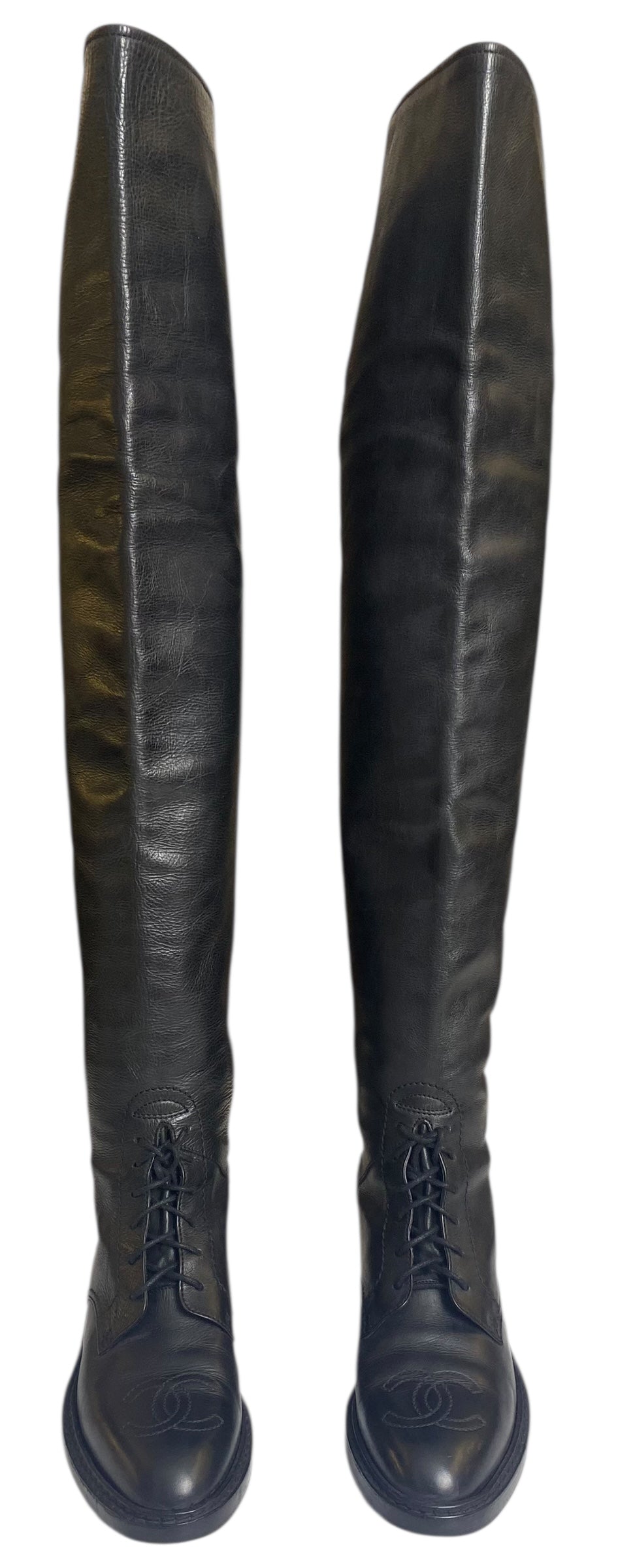 Rare Vintage Chanel 90s Claudia Schiffer Black Leather CC Riding Boots EU 36 (fits 37)