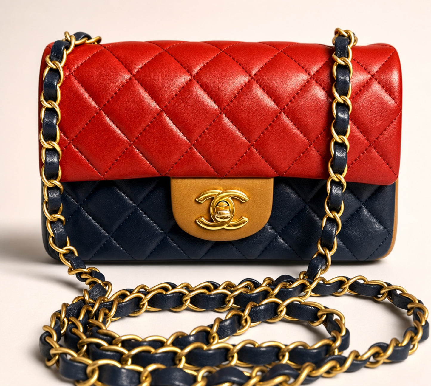 Rare Chanel 13A Edinburgh Tricolor Navy Red Caramel Quilted Lambskin Mini Classic Flap Bag GHW